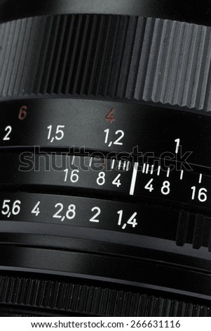 close up image of lens body showing numeric detail of lens aperture and distance focus