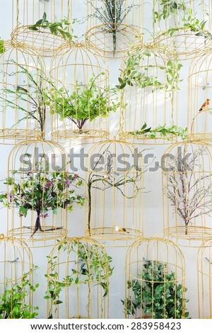 various fake flowers and birds in golden cages against white wall with sunlight shine through
