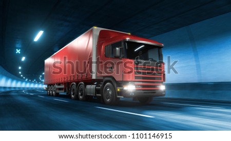 Trailer truck rides trough tunnel with cold blue light style 3d rendering