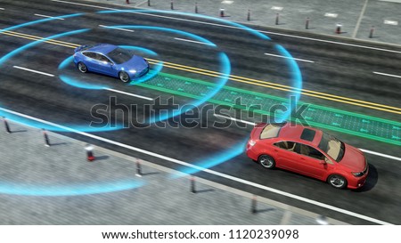 Autonomous self driving electric car change the lane and overtakes city vehicle