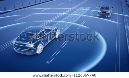 Autonomous self driving electric car change the lane and overtakes city vehicle 3d rendering