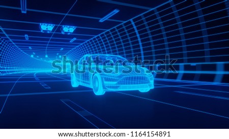 Blue wireframe Modern Electric car rides through Blue tunnel 3d rendering