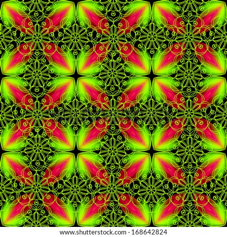 Beautiful lace pattern in green and red colors. Seamless background.