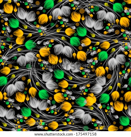 Green and orange seamless floral pattern on a black background. Black-and-white and color effect.