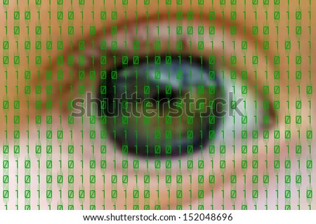 green binary numbers on human eye background
