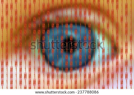human eye behind a digital screen with red binary numbers