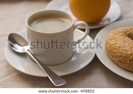 coffee, bagel, orange breakfast