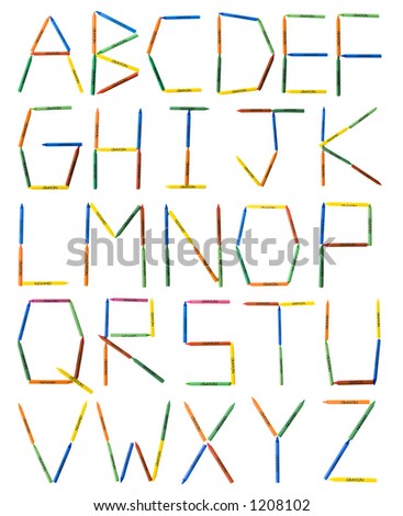 Colored crayons arranged into letters of the alphabet.  The letters are isolated against a white background.