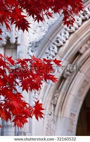 Red maple leaves in front of decorative archway at Ivy League Yale University