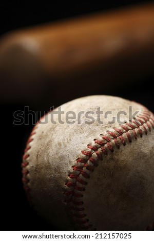 A close-up of a weathered baseball with a bat in the background