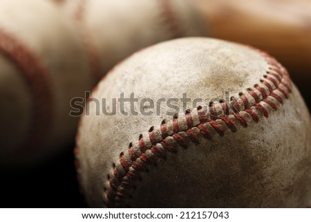 A moody image of weathered baseballs and a bat in the background