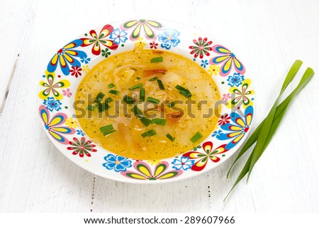 Cabbage soup with fresh cabbage in a colored dish. Baby food