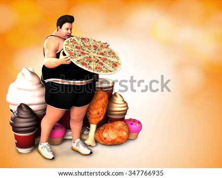obese man with caloric foods