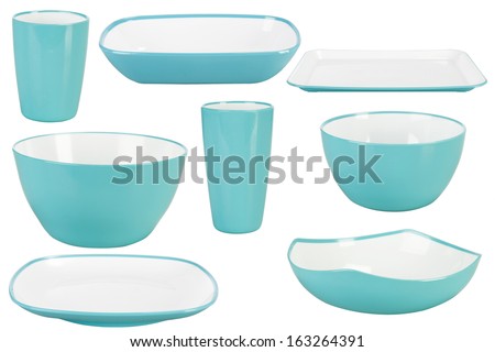 Blue plastic tableware isolated on white background