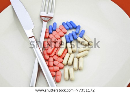 Vitamin pills and capsules on plate with knife and fork, a meal of pills