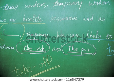 An English grammar lesson written on the blackboard