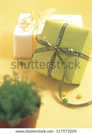 a green box wrapped with a ribbon that says I love you next to another in white