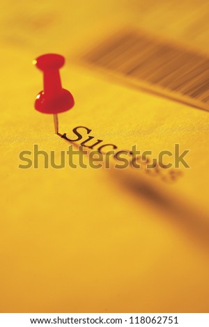 Red thumb tag pinned on a paper with the word success written on it