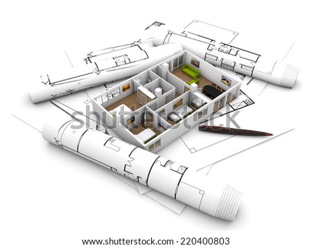 interior design concept: apartment mock-up over plots and architecture draws isolated on white background