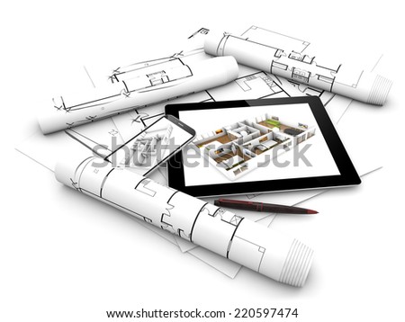 modern design concept: render of a tablet and smartphone with flat project on the screen over plots and architectural draws isolated on white background