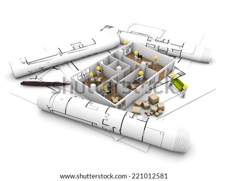 house moving and reform concept: workers reforming and refurbishing a house over plots and technical draws, isolated on white background