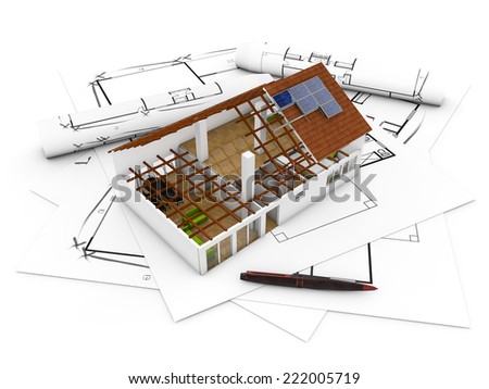 3d render of an architecture model over plots and technical draws