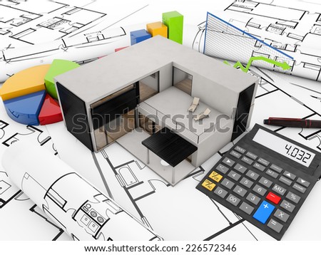 real estate balance concept: concrete modular house over plots with graphics and calculator over white background