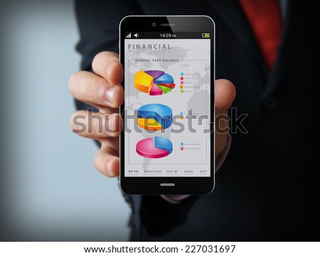 finances concept: Male hand holding a mobile phone with balance app on the screen
