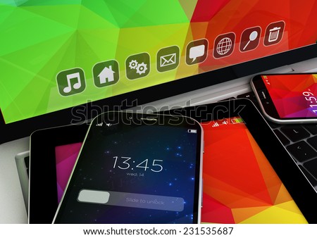 electronic devices: close-up view of a collection of colorful interface wireless devices
