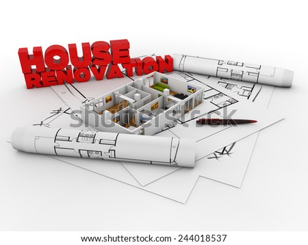 house renovation concept: house structure over plans and plots isolated