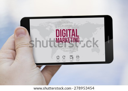digital marketing concept: hand holding a blank screen 3d generated smartphone
