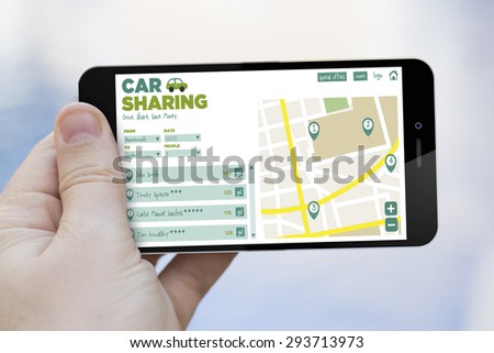 communications, cheap tourism travel concept: hand holding a car sharing app on a  3d generated smartphone. Screen graphics are made up.