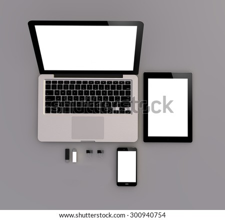 responsive mock-up: zenith view of laptop, tablet and touchscreen smartphone. 3D generated.