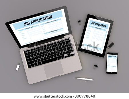 3d render of job application responsive devices with laptop computer, tablet pc and touchscreen smartphone. top view. All screen graphics are made up.
