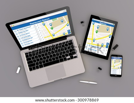 3d render of restaurant search responsive devices with laptop computer, tablet pc and touchscreen smartphone. top view. All screen graphics are made up.