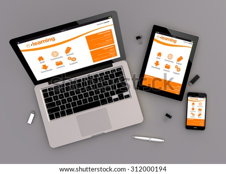 3d render of e-learning platform responsive devices with laptop computer, tablet pc and touchscreen smartphone. Zenith view. All screen graphics are made up.
