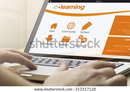 online training concept: man using a laptop with e-learning platform on the screen. Screen graphics are made up.