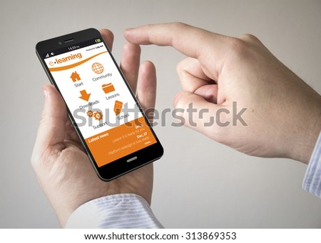 Close up of man using 3d generated mobile smart phone with e-learning site on the screen. Screen graphics are made up.