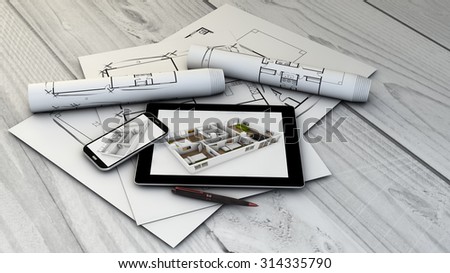 interior design concept: digital generated tablet and smartphone with interior design interface with plots