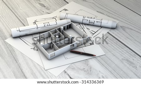 render of an architect table with plot and flat mock-up over