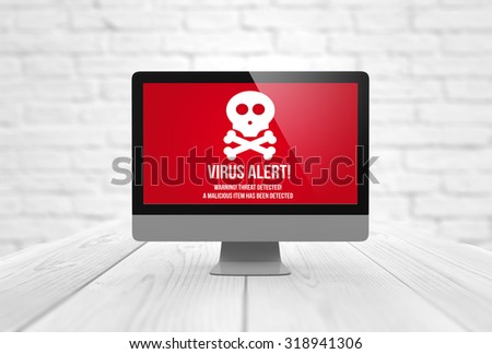 risks concept: computer digital generated with virus alert on the screen. All screen graphics are made up.