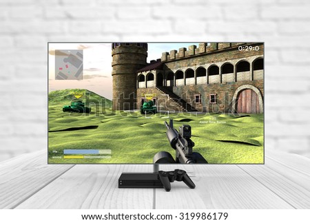 Computer gaming and entertainment technology concept: 3d generated lcd television, gamepad and game console with shooter game on the screen. All graphics are made up.