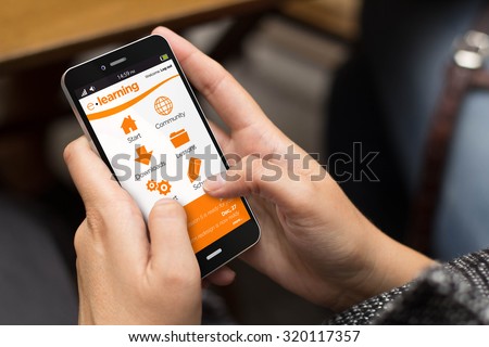education concept: girl using a digital generated phone with e-learning site on the screen. All screen graphics are made up.