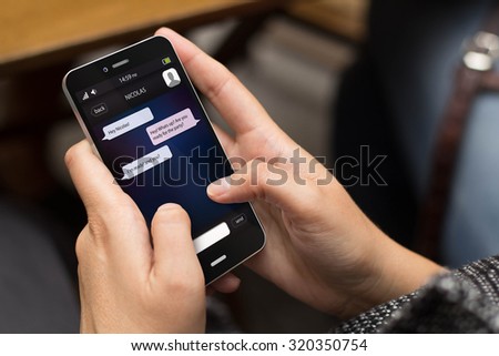 communications concept: girl using a digital generated phone with chat on the screen. All screen graphics are made up.