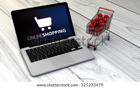 e-commerce concept: Digital generated laptop with shopping cart full of christmas or gift boxes over wooden desk with online shooping