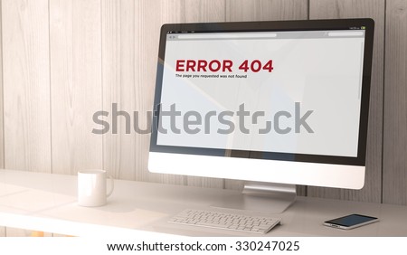 digital render generated workspace with computer and smartphone. error 404 on the screen. All screen graphics are made up.
