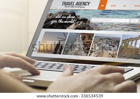 online travel concept: man using a laptop with travel agency on the screen. Screen graphics are made up.