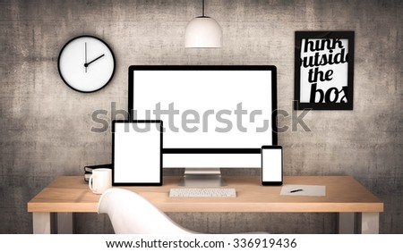 digital generated workplace desktop with blank screen digital tablet, computer, laptop and various office objects