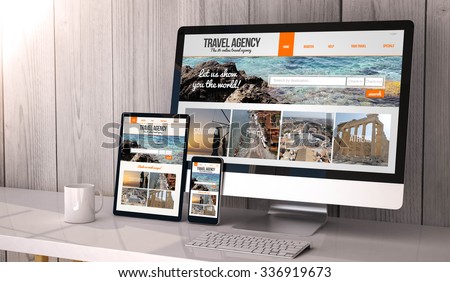 Digital generated devices on desktop, responsive blank mock-up with travel agency website  on screen. All screen graphics are made up.