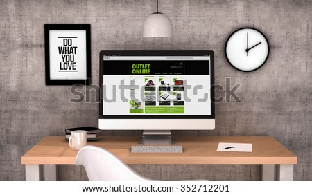 digital generated workspace desktop with outlet shop website on screen computer. All screen graphics are made up. 3D generated.